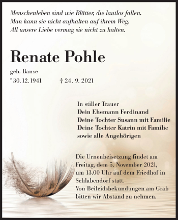 Traueranzeige von Renate Pohle von lausitzer_rundschau