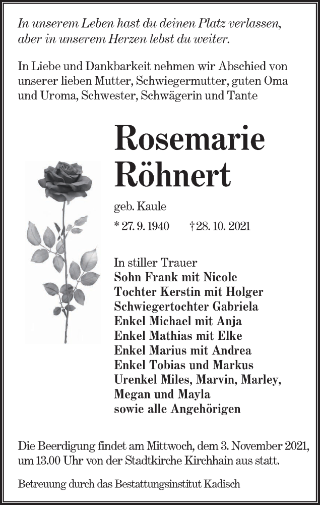  Traueranzeige für Rosemarie Röhnert vom 30.10.2021 aus lausitzer_rundschau