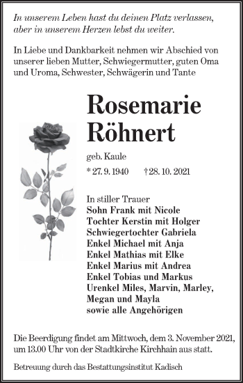 Traueranzeige von Rosemarie Röhnert von lausitzer_rundschau
