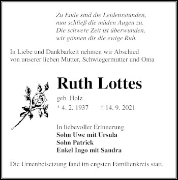 Traueranzeige von Ruth Lottes von lausitzer_rundschau