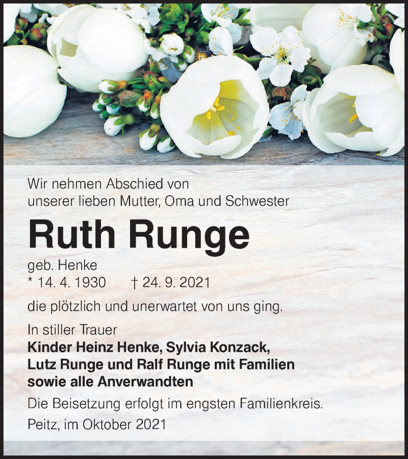  Traueranzeige für Ruth Runge vom 02.10.2021 aus lausitzer_rundschau