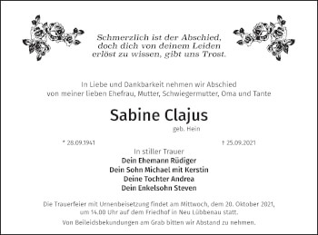 Traueranzeige von Sabine Clajus von lausitzer_rundschau