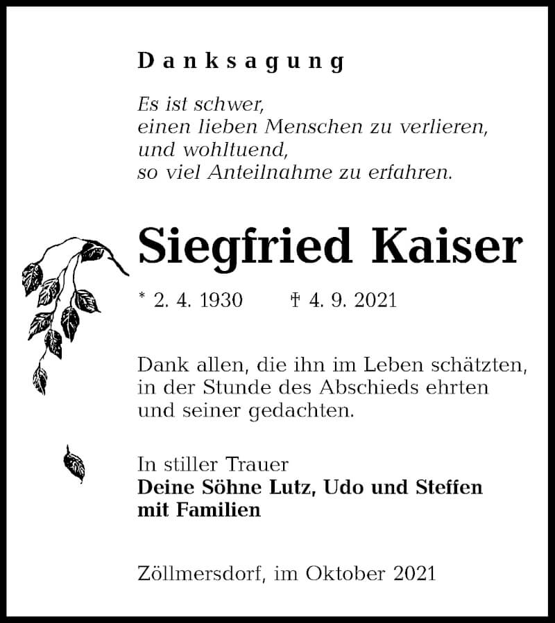  Traueranzeige für Siegfried Kaiser vom 09.10.2021 aus lausitzer_rundschau