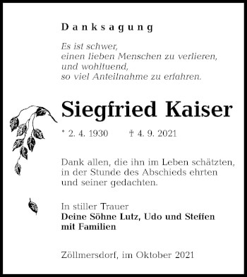 Traueranzeige von Siegfried Kaiser von lausitzer_rundschau