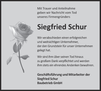 Traueranzeige von Siegfried Schur von lausitzer_rundschau