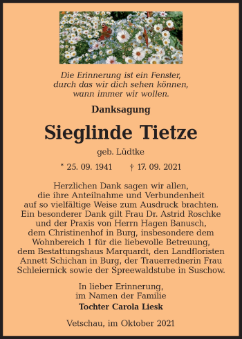 Traueranzeige von Sieglinde Tietze von lausitzer_rundschau
