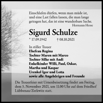 Traueranzeige von Sigurd Schulze von lausitzer_rundschau