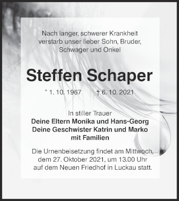 Traueranzeige von Steffen Schaper von lausitzer_rundschau