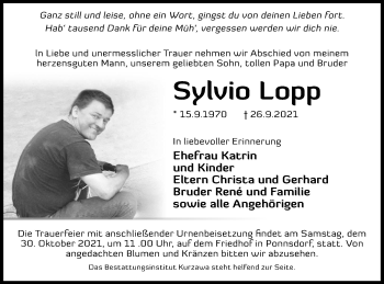 Traueranzeige von Sylvio Lopp von lausitzer_rundschau