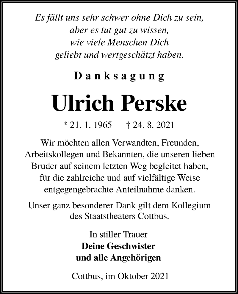  Traueranzeige für Ulrich Perske vom 02.10.2021 aus lausitzer_rundschau