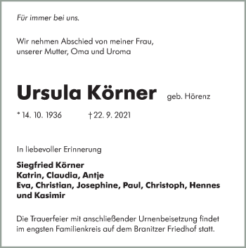Traueranzeige von Ursula Körner von lausitzer_rundschau