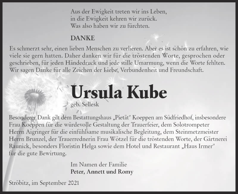  Traueranzeige für Ursula Kube vom 09.10.2021 aus lausitzer_rundschau