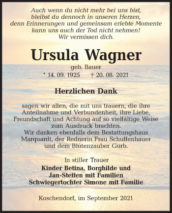 Traueranzeige von Ursula Wagner von lausitzer_rundschau
