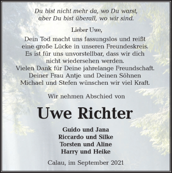 Traueranzeige von Uwe Richter von lausitzer_rundschau