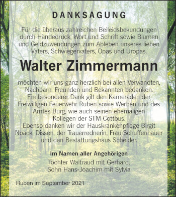 Traueranzeige von Walter Zimmermann von lausitzer_rundschau