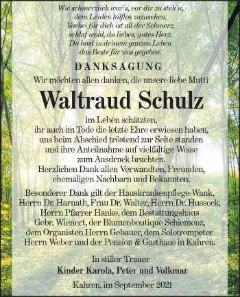 Traueranzeige von Waltraud Schulz von lausitzer_rundschau