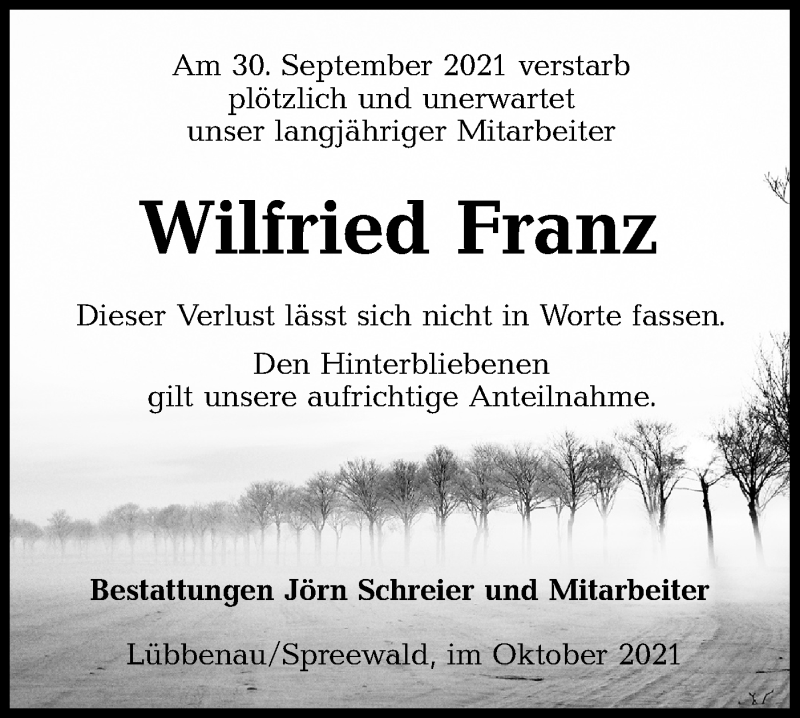  Traueranzeige für Wilfried Franz vom 06.10.2021 aus lausitzer_rundschau