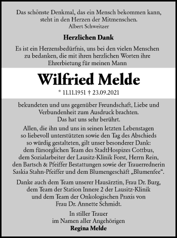 Traueranzeige von Wilfried Melde von lausitzer_rundschau