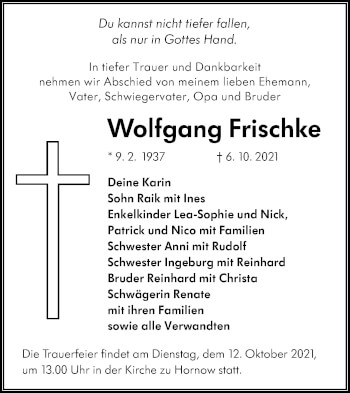 Traueranzeige von Wolfgang Frischke von lausitzer_rundschau