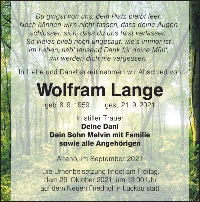  Traueranzeige für Wolfram Lange vom 02.10.2021 aus lausitzer_rundschau