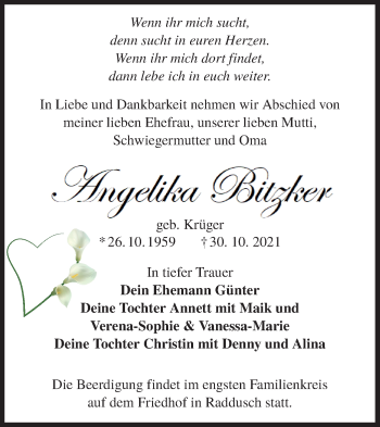 Traueranzeige von Angelika Bitzker von lausitzer_rundschau