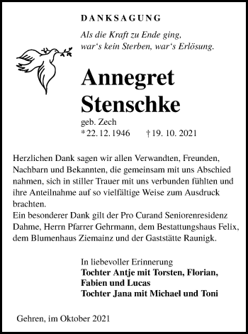 Traueranzeige von Annegret Stenschke von lausitzer_rundschau