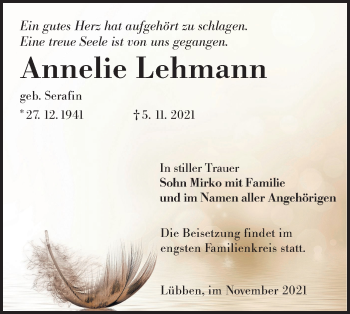 Traueranzeige von Annelie Lehmann von lausitzer_rundschau