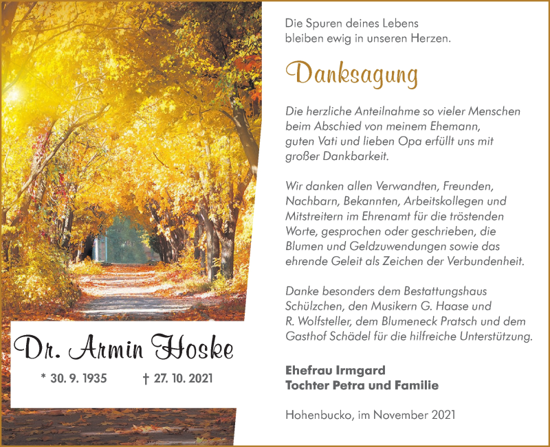  Traueranzeige für Armin Hoske vom 27.11.2021 aus lausitzer_rundschau