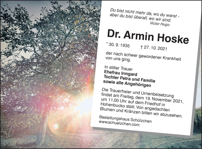  Traueranzeige für Armin Hoske vom 06.11.2021 aus lausitzer_rundschau