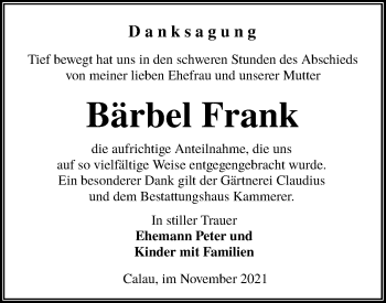 Traueranzeige von Bärbel Frank von lausitzer_rundschau