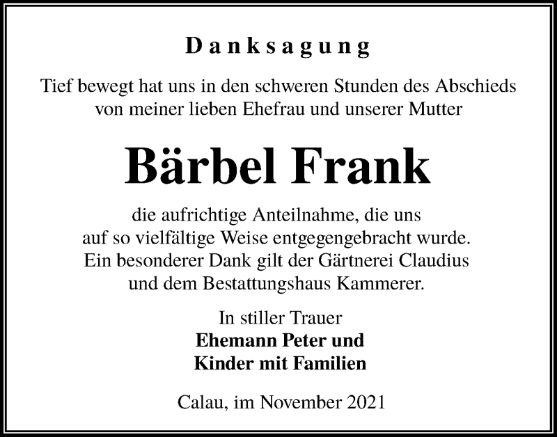  Traueranzeige für Bärbel Frank vom 27.11.2021 aus lausitzer_rundschau