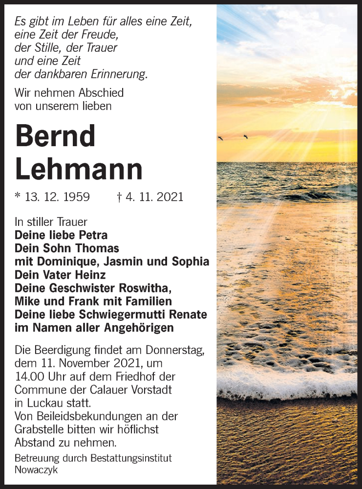  Traueranzeige für Bernd Lehmann vom 09.11.2021 aus lausitzer_rundschau