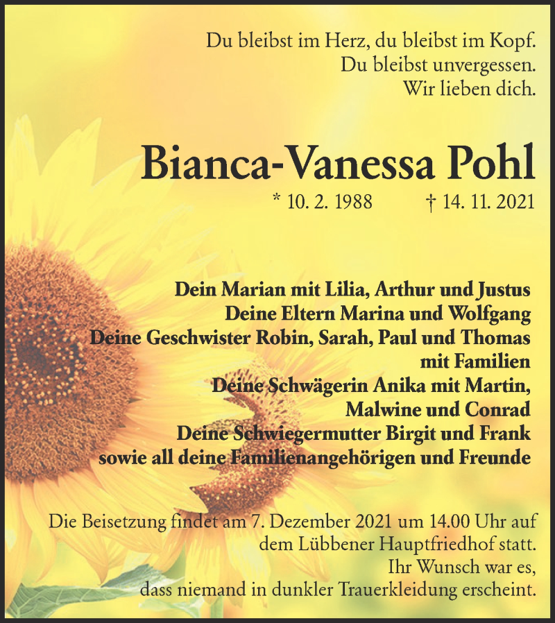  Traueranzeige für Bianca-Vanessa Pohl vom 27.11.2021 aus lausitzer_rundschau