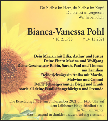 Traueranzeige von Bianca-Vanessa Pohl von lausitzer_rundschau