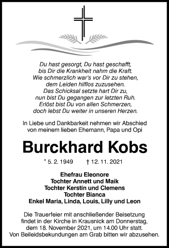 Traueranzeige von Burckhard Kobs von lausitzer_rundschau