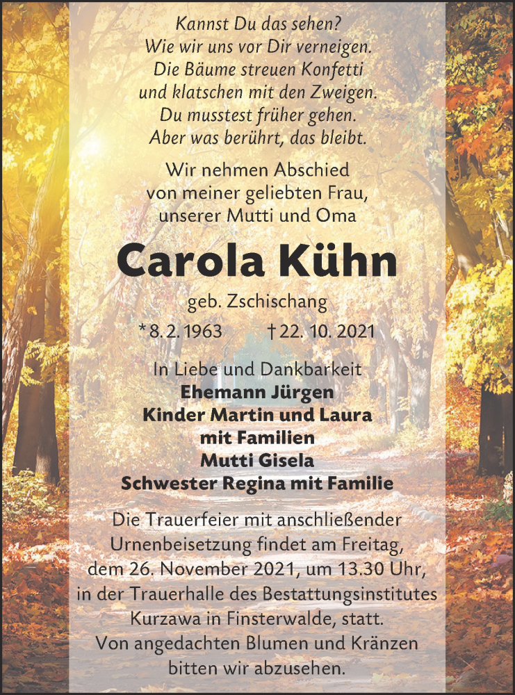  Traueranzeige für Carola Kühn vom 13.11.2021 aus lausitzer_rundschau