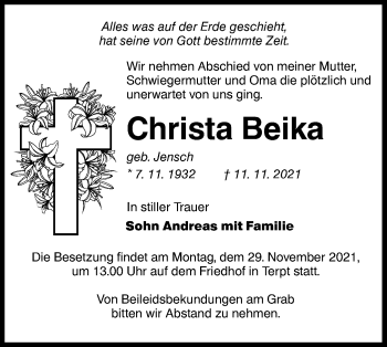 Traueranzeige von Christa Beika von lausitzer_rundschau