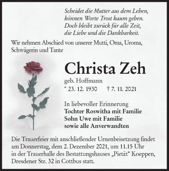 Traueranzeige von Christa Zeh von lausitzer_rundschau