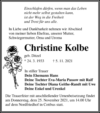 Traueranzeige von Christine Kolbe von lausitzer_rundschau