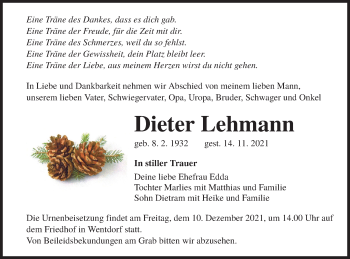 Traueranzeige von Dieter Lehmann von lausitzer_rundschau