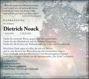 Traueranzeige von Dietrich Noack von lausitzer_rundschau