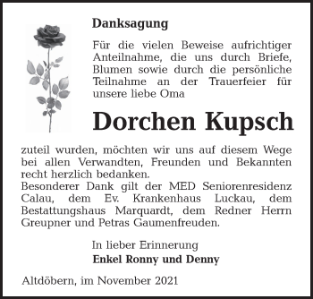Traueranzeige von Dorchen Kupsch von lausitzer_rundschau