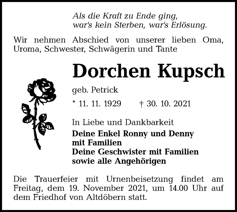  Traueranzeige für Dorchen Kupsch vom 05.11.2021 aus lausitzer_rundschau