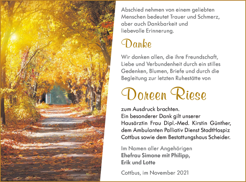  Traueranzeige für Doreen Riese vom 06.11.2021 aus lausitzer_rundschau