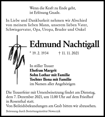 Traueranzeige von Edmund Nachtigall von lausitzer_rundschau