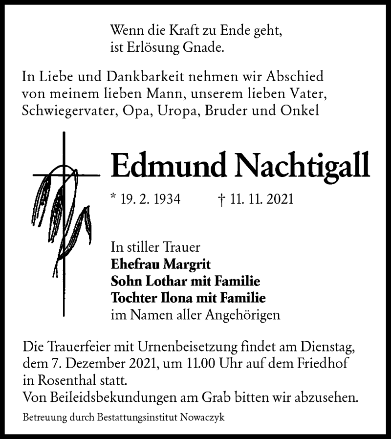  Traueranzeige für Edmund Nachtigall vom 17.11.2021 aus lausitzer_rundschau