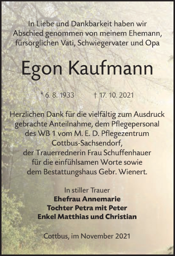 Traueranzeige von Egon Kaufmann von lausitzer_rundschau