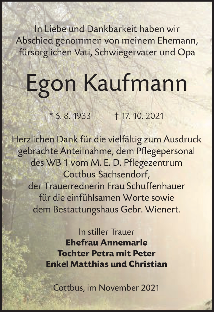  Traueranzeige für Egon Kaufmann vom 20.11.2021 aus lausitzer_rundschau