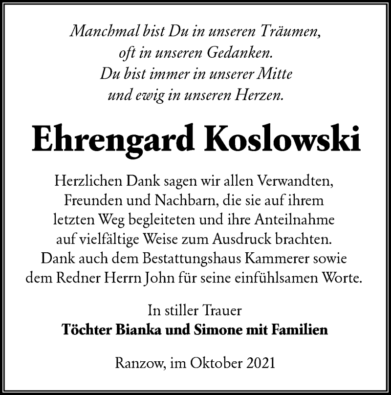  Traueranzeige für Ehrengard Koslowski vom 06.11.2021 aus lausitzer_rundschau