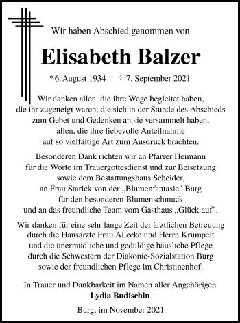 Traueranzeige von Elisabeth Balzer von lausitzer_rundschau